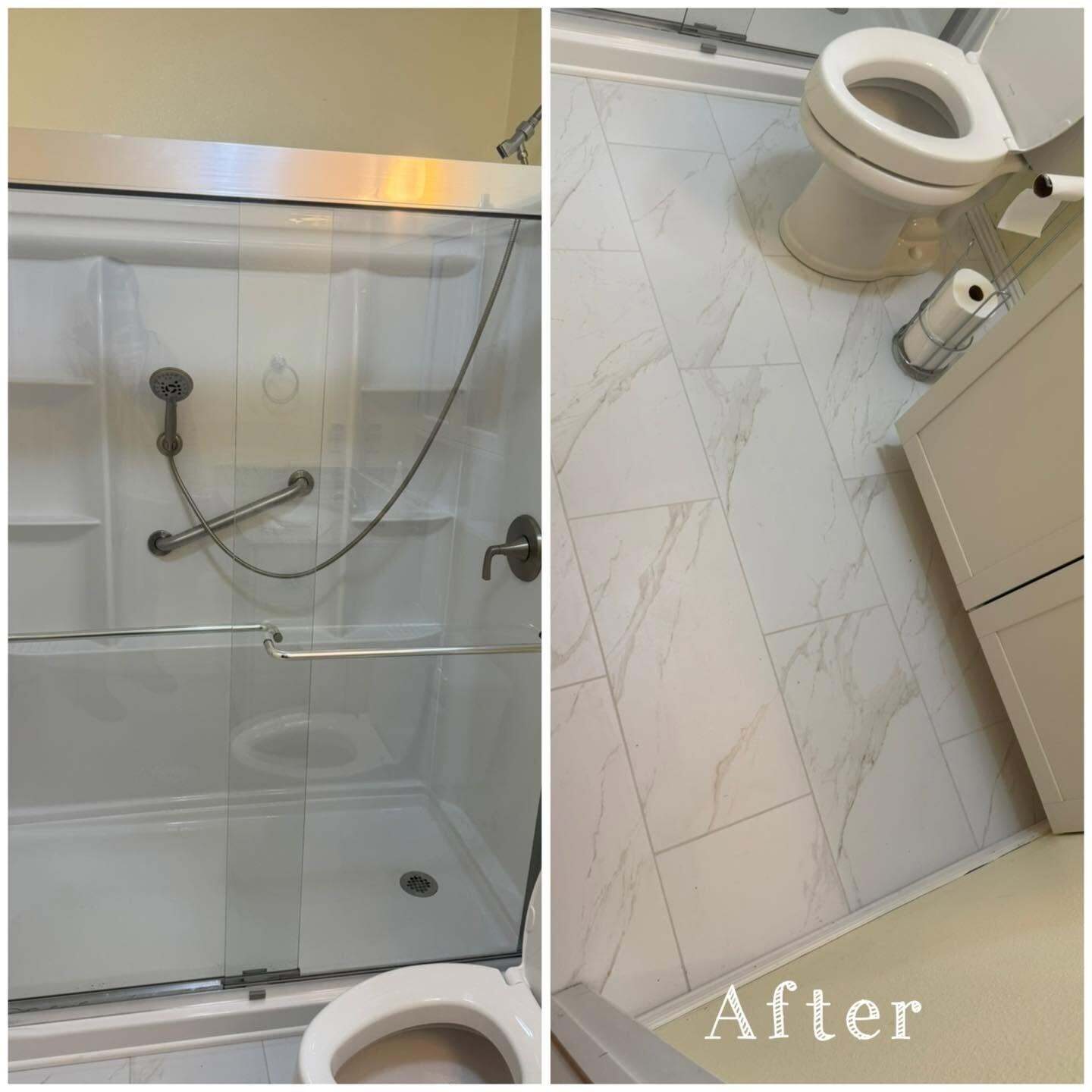 Before and after of a bathroom showing an old shower enclosure and new marble look tiled floor labeled After