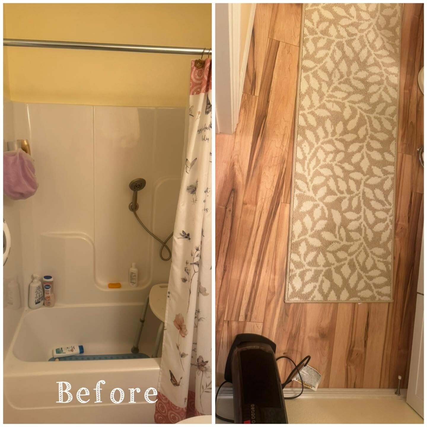 Before and after of a bathroom showing an old tub and shower surround and new wood look plank flooring