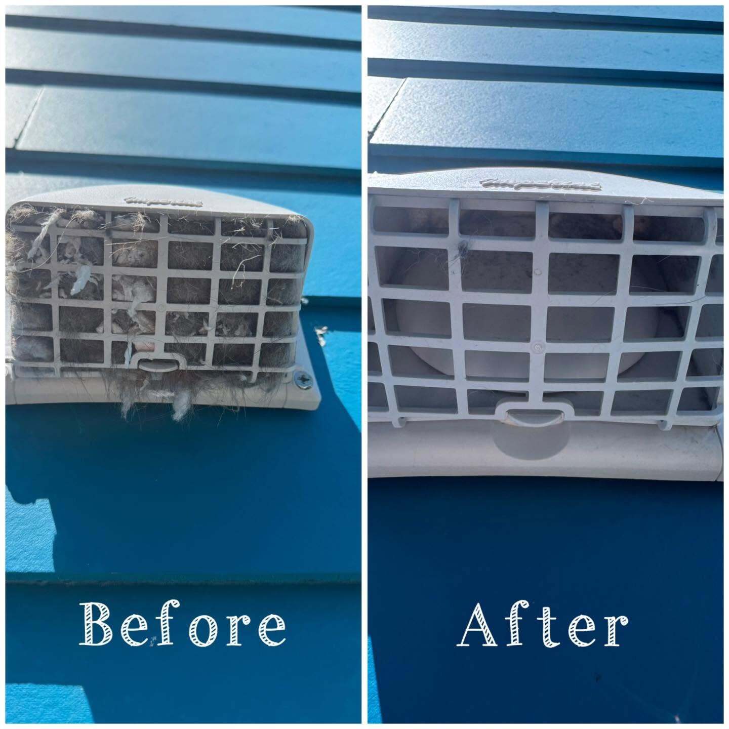 Before and after of a white exterior dryer vent cover on blue siding, clogged with lint then clean