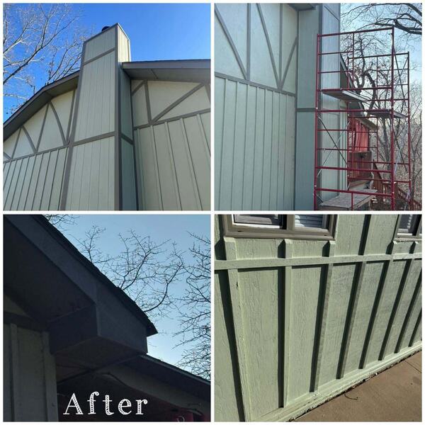 Collage of exterior board and batten siding and trim painted green with red scaffolding in one frame