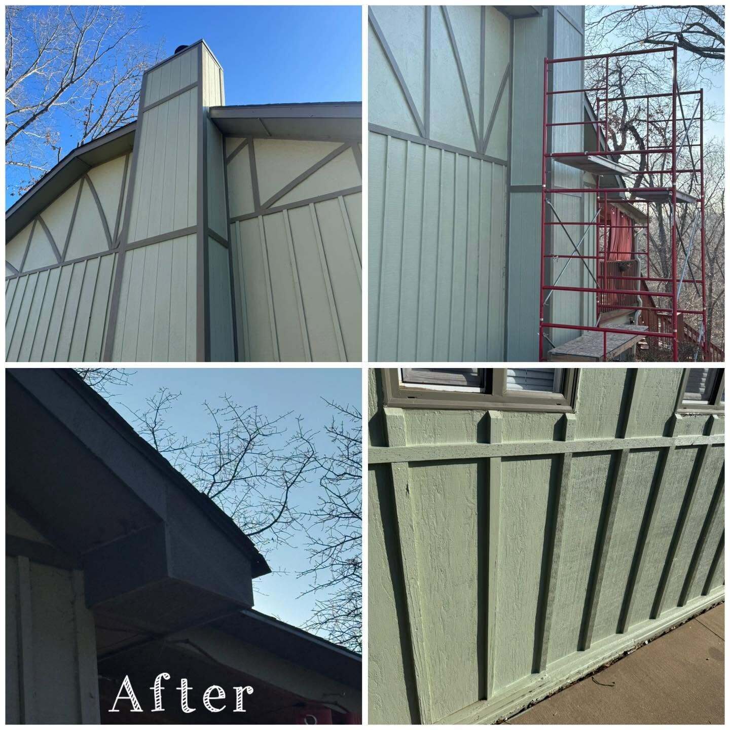 Collage of exterior board and batten siding and trim painted green with red scaffolding in one frame