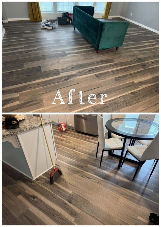 Two views of wood look plank flooring in a living room and kitchen dining area