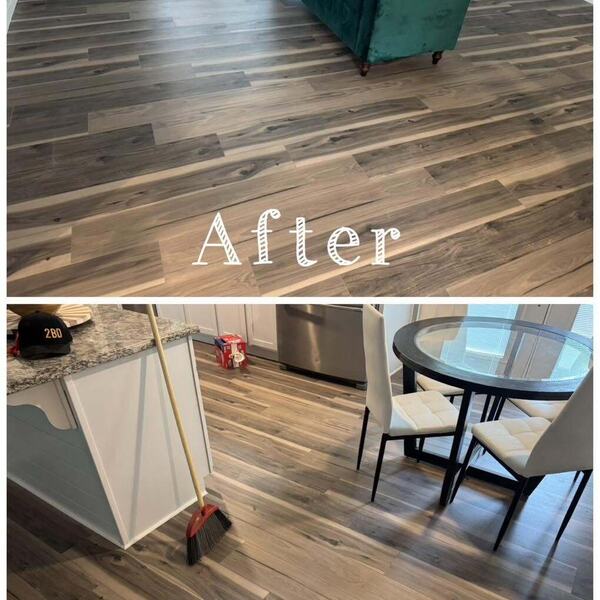 Two views of wood look plank flooring in a living room and kitchen dining area