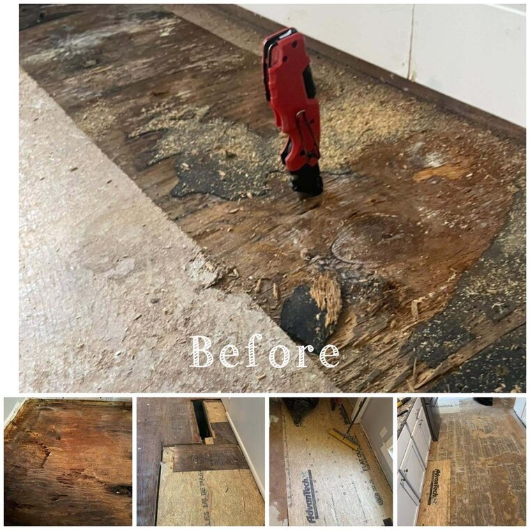 Collage of water damaged subfloor being removed with a power tool before new flooring