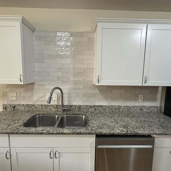 Kitchen with white cabinets, light tile backsplash, speckled stone countertop, double sink and stainless dishwasher