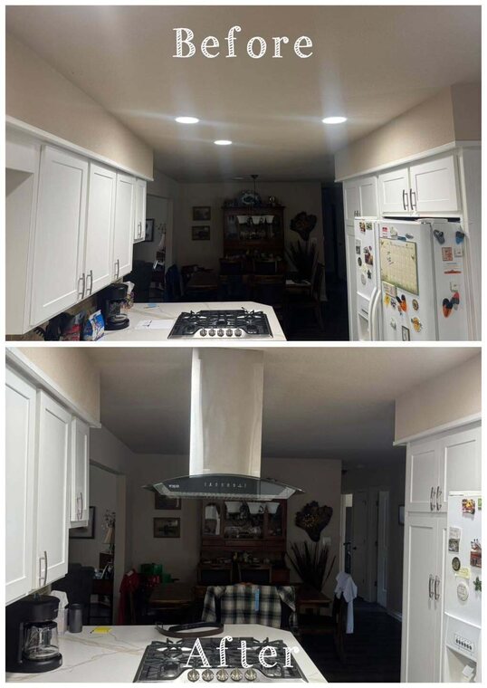 Labeled before and after kitchen, the after showing a glass and steel island range hood over the cooktop