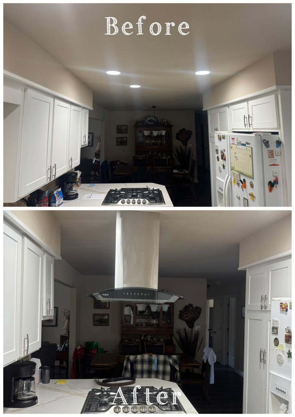 Labeled before and after kitchen, the after showing a glass and steel island range hood over the cooktop