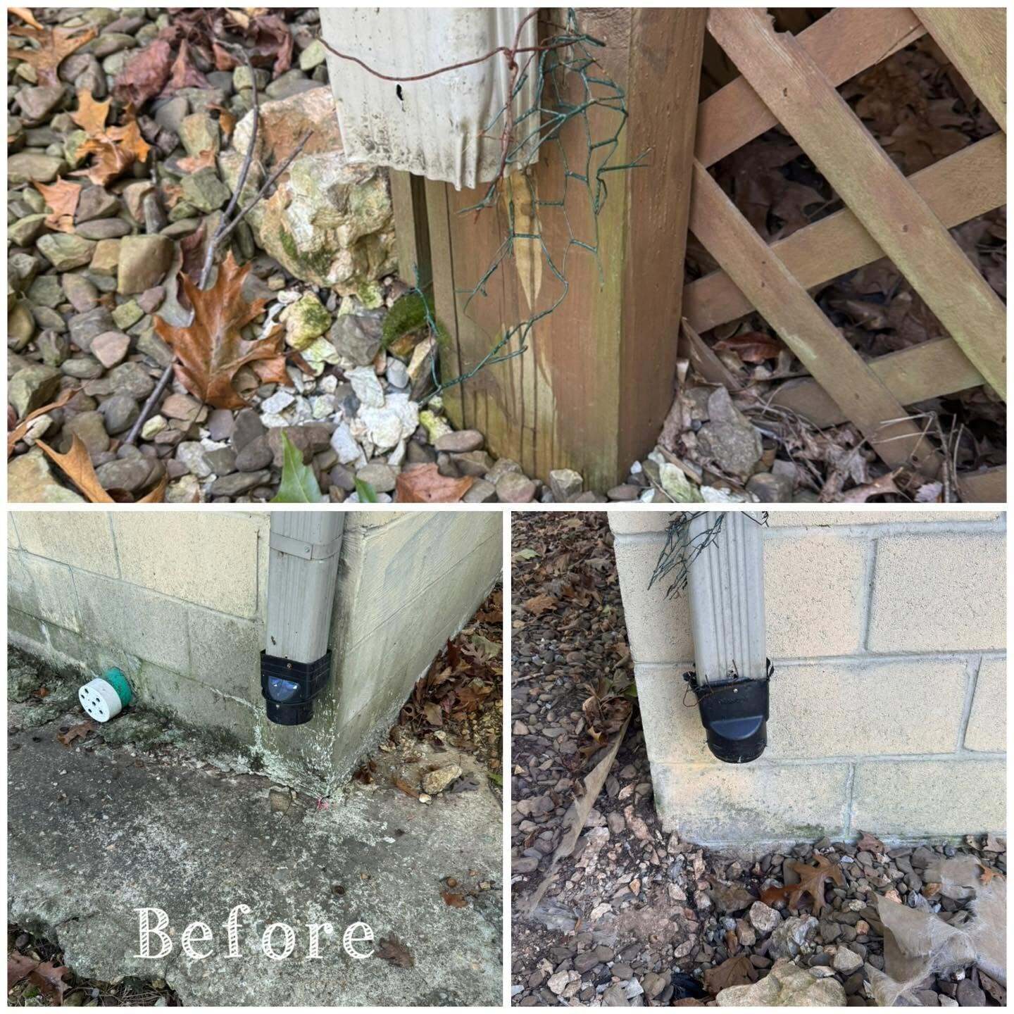 Before and after of downspout drainage at a block foundation corner with new pipe and drain fitting