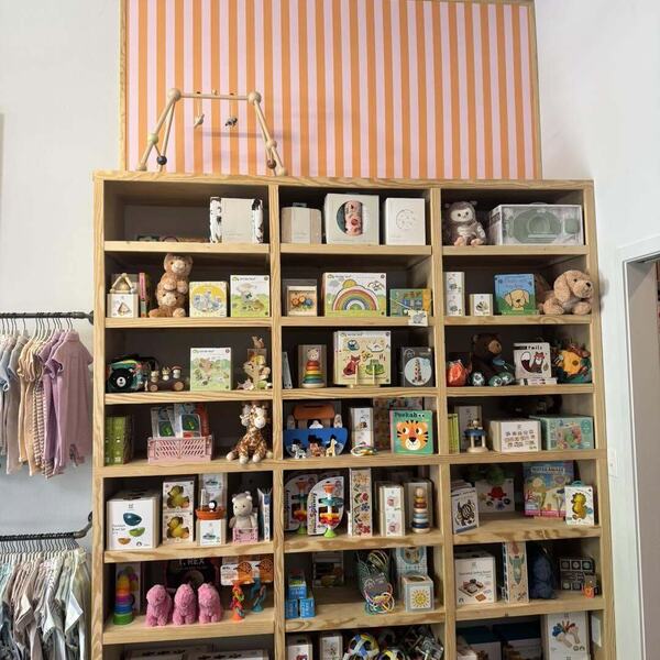 Wood cubby shelving wall filled with toys next to hanging clothing in a shop