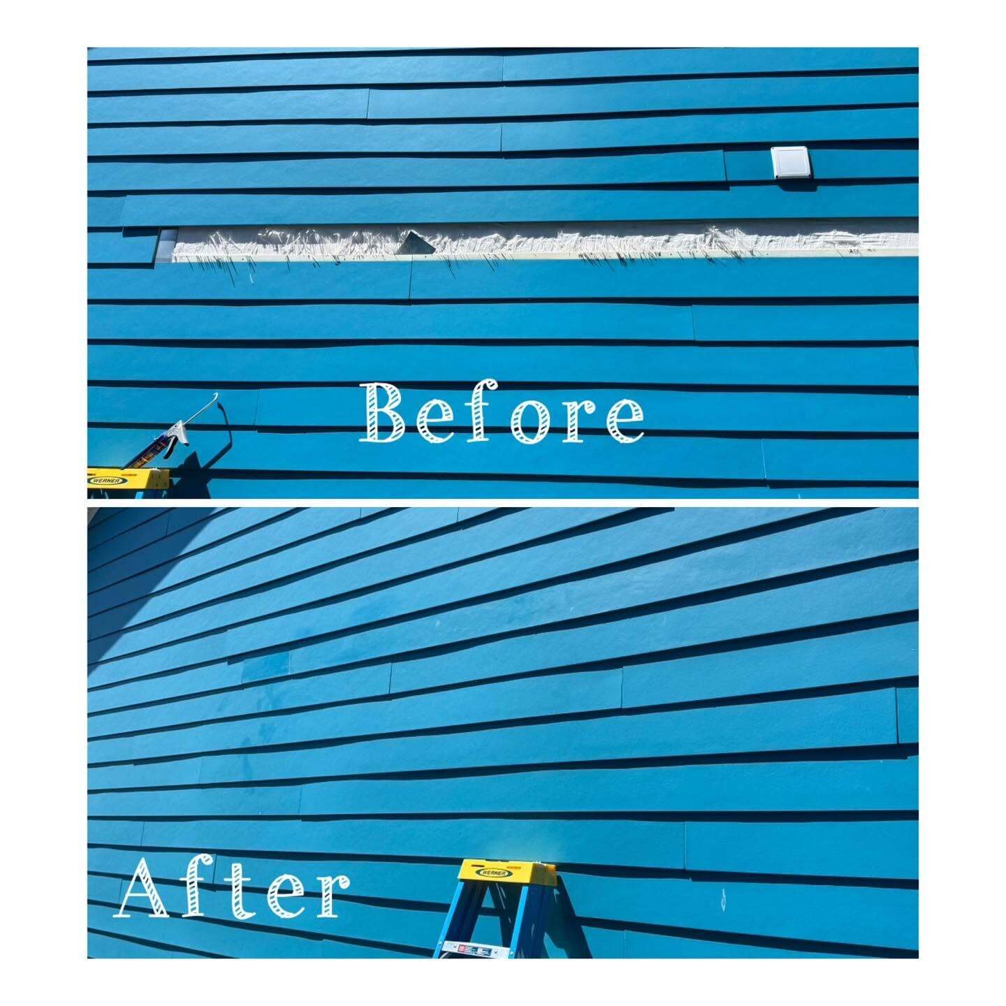 Before and after of blue horizontal lap siding with a damaged board section repaired and replaced