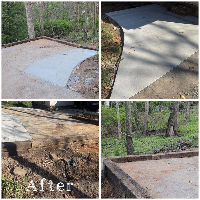 Four photos of a poured concrete slab and walkway with wood timber edge in a wooded yard