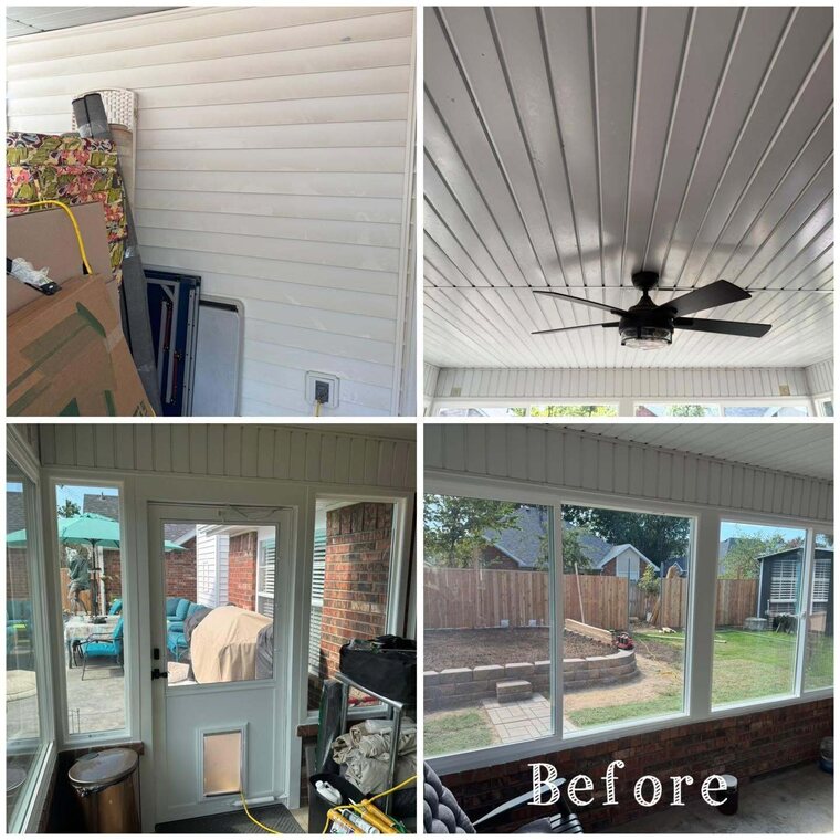 Four photo collage of a sunroom interior with white ceiling, ceiling fan, glass windows and a glass back door, stamped Before