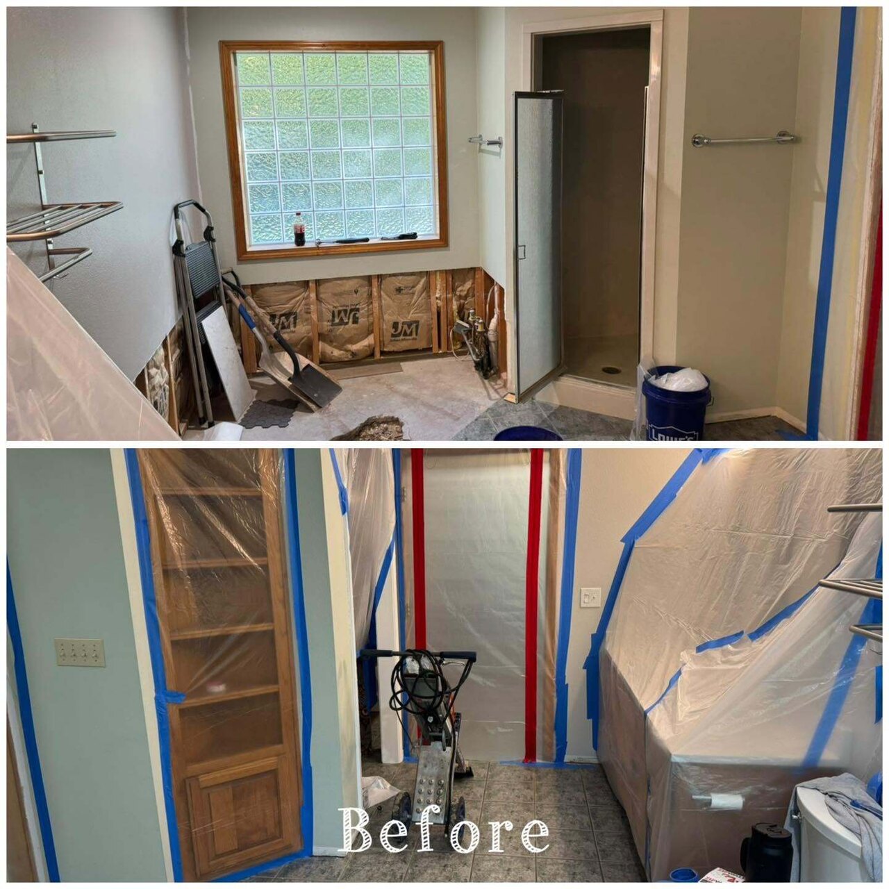 A master bathroom wall demoed to the studs during a remodel, the glass block window kept