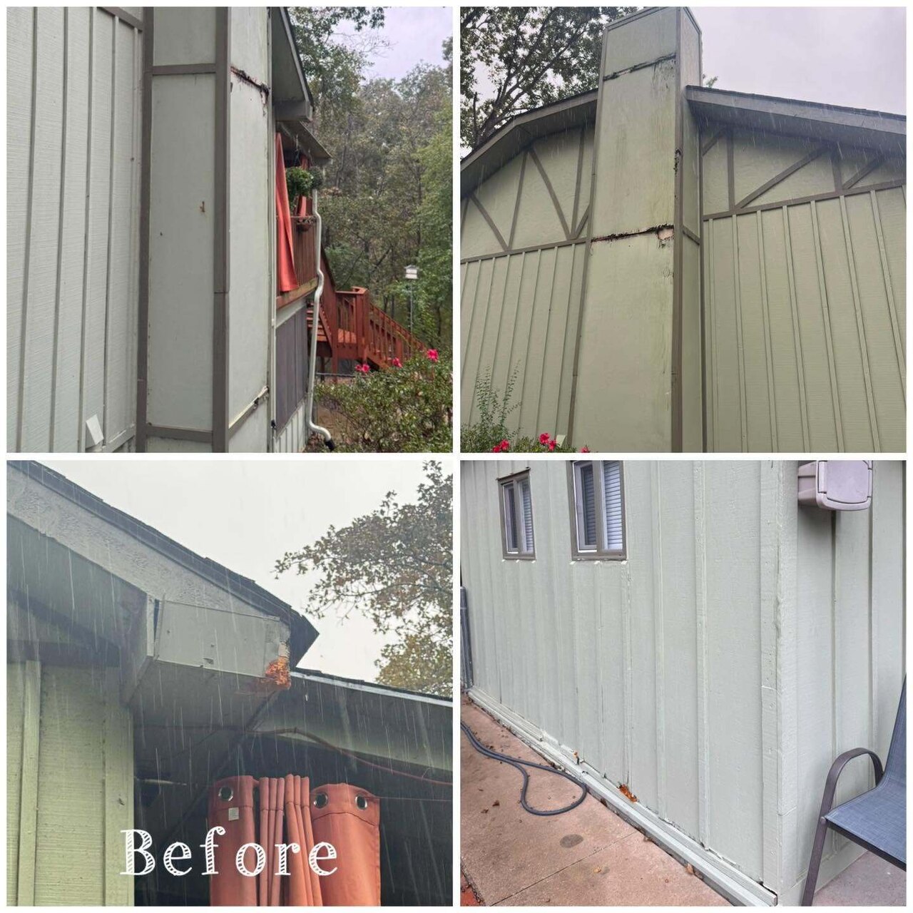Faded, water damaged board and batten siding and chimney on a Tudor style home